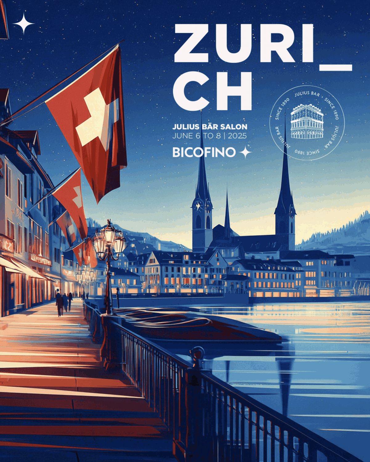 Zurich poster for the Julius Bär Salon, June 6 to 8, 2025: the Limmat at night, Swiss flags and the bank’s seal