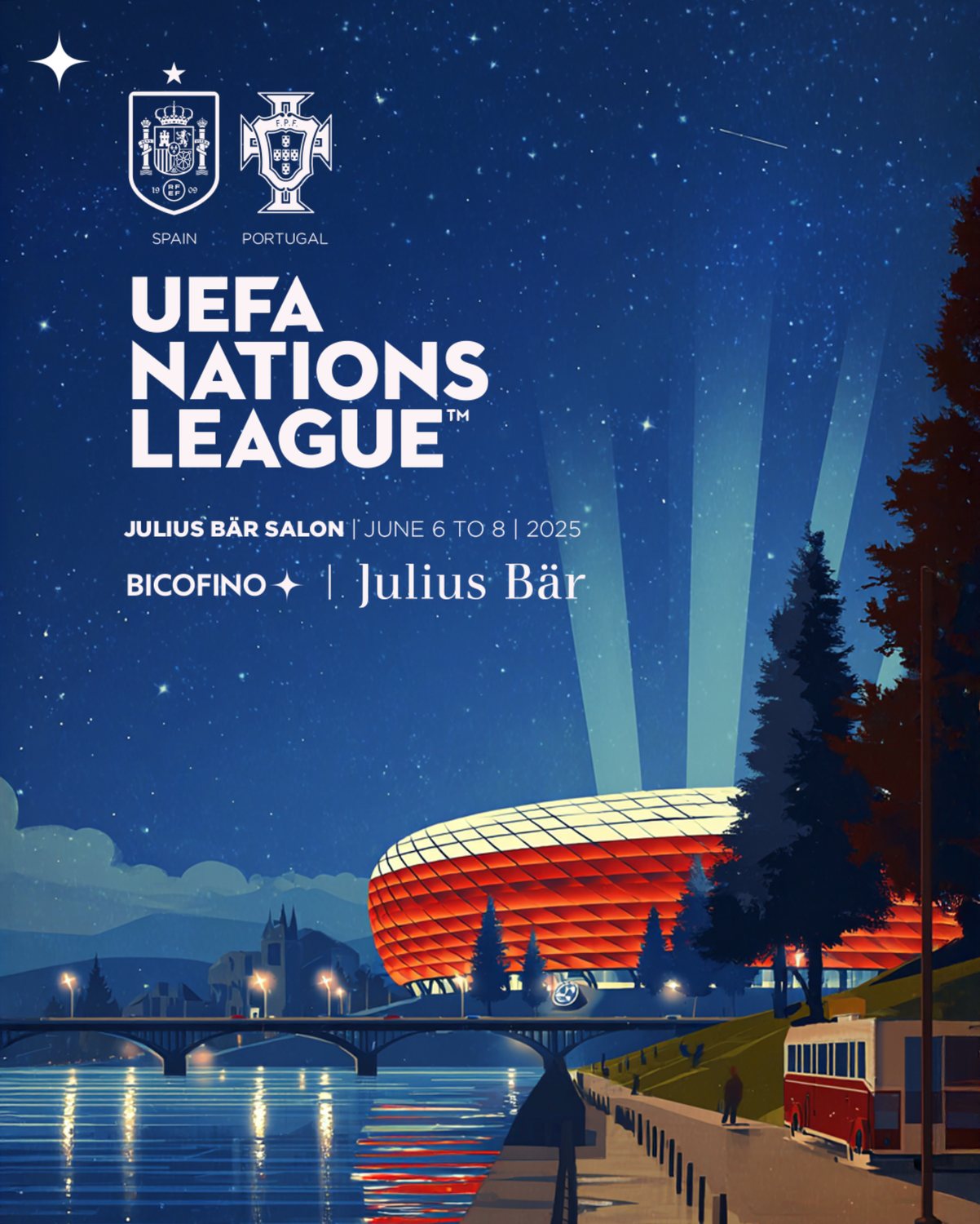 UEFA Nations League final poster, Spain against Portugal, with the Munich arena lit under a starry sky