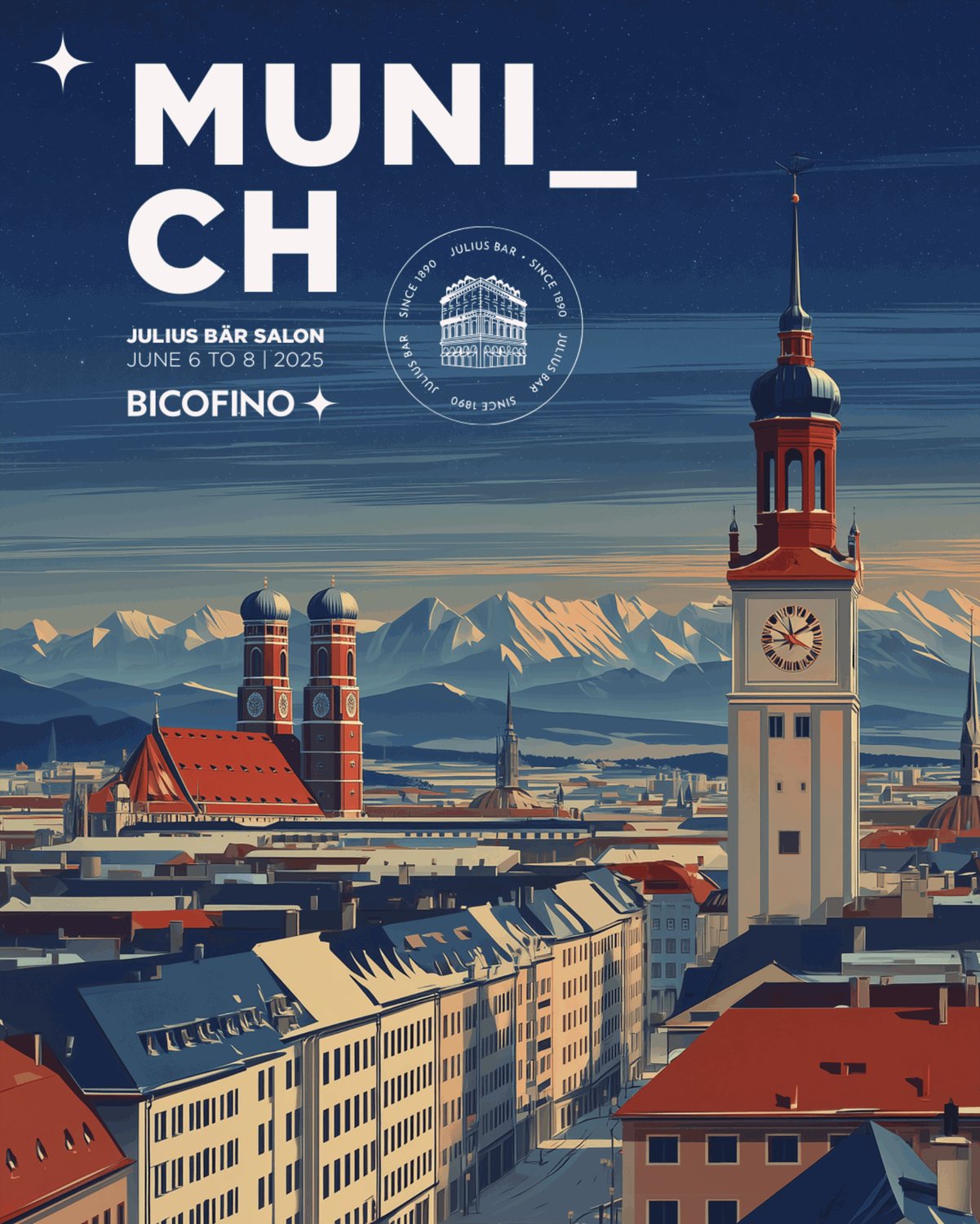 Munich poster for the Julius Bär Salon: the Frauenkirche, the town hall tower and the Alps beyond