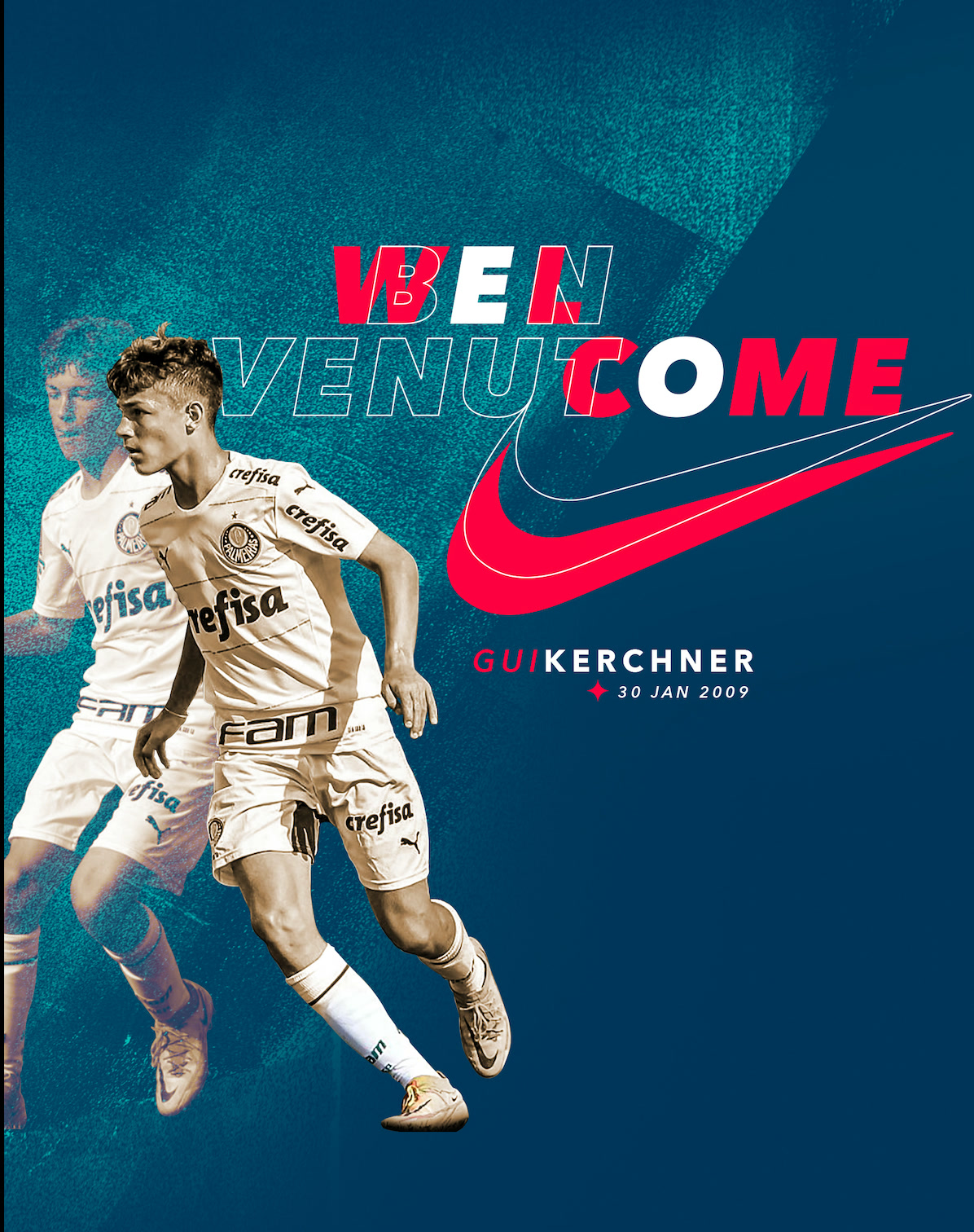 Announcement piece for Gui Kerchner as a Nike athlete, with the word BENVENUTO and the swoosh