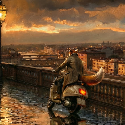 A raposa Bicofino numa Vespa sobre a ponte, óleo sobre Firenze